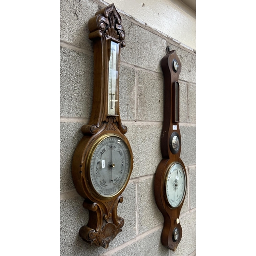 45 - Two 19th century wall mountable barometers, one carved oak cased - approx. 82cm high and one E. Good... 