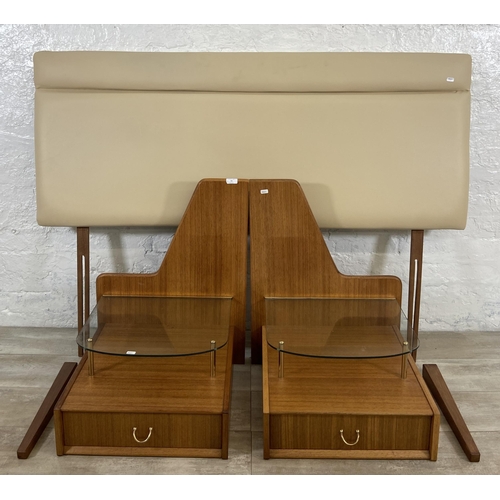 51 - A pair of mid 20th century G Plan Tola bedside tables with cream faux leather headboard