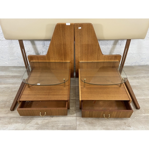 51 - A pair of mid 20th century G Plan Tola bedside tables with cream faux leather headboard