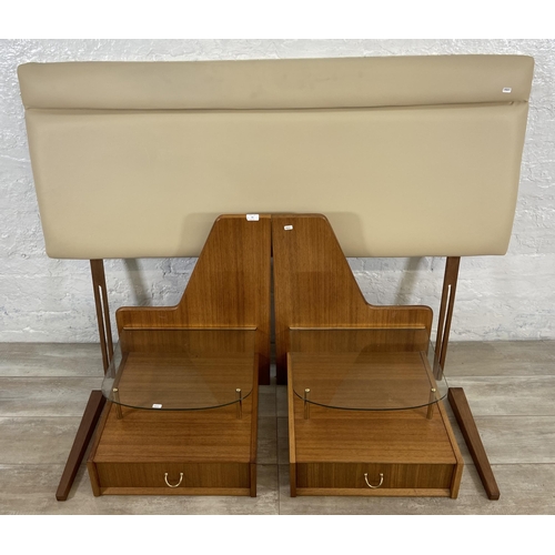 51 - A pair of mid 20th century G Plan Tola bedside tables with cream faux leather headboard