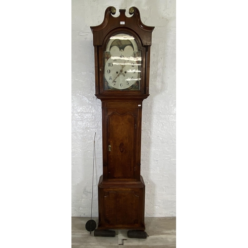 53 - A George III inlaid oak and mahogany crossbanded cased grandfather clock with pendulum, weights and ... 