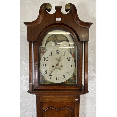 53 - A George III inlaid oak and mahogany crossbanded cased grandfather clock with pendulum, weights and ... 