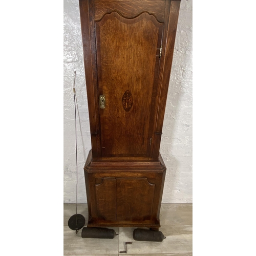 53 - A George III inlaid oak and mahogany crossbanded cased grandfather clock with pendulum, weights and ... 