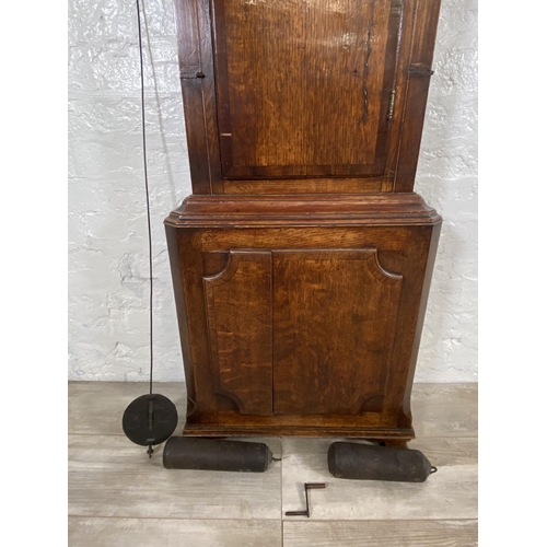 53 - A George III inlaid oak and mahogany crossbanded cased grandfather clock with pendulum, weights and ... 