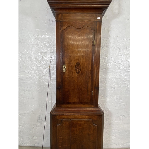 53 - A George III inlaid oak and mahogany crossbanded cased grandfather clock with pendulum, weights and ... 