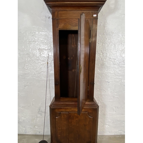 53 - A George III inlaid oak and mahogany crossbanded cased grandfather clock with pendulum, weights and ... 