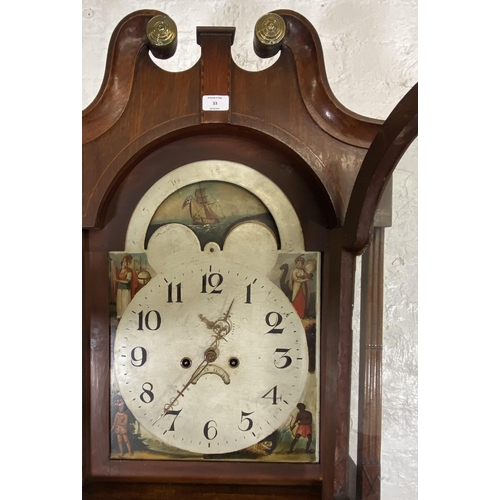 53 - A George III inlaid oak and mahogany crossbanded cased grandfather clock with pendulum, weights and ... 