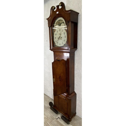 53 - A George III inlaid oak and mahogany crossbanded cased grandfather clock with pendulum, weights and ... 