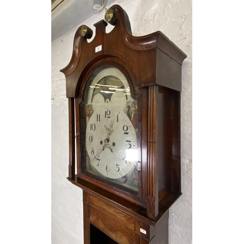 53 - A George III inlaid oak and mahogany crossbanded cased grandfather clock with pendulum, weights and ... 