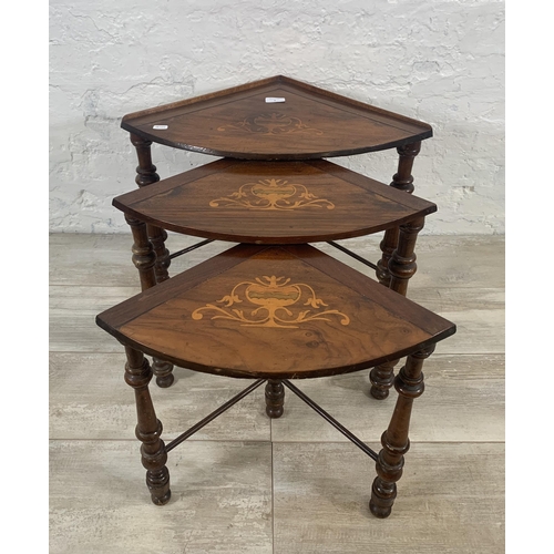 6 - A late 19th/early 20th century inlaid walnut nest of three tables - approx. 45cm high x 55cm wide x ... 