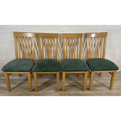 68 - Four modern oak and green fabric upholstered dining chairs