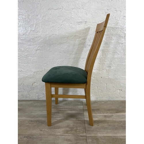 68 - Four modern oak and green fabric upholstered dining chairs