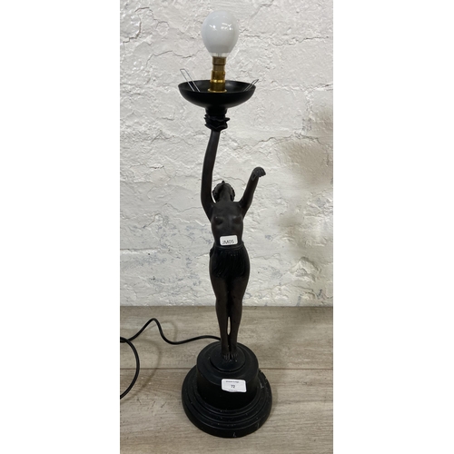 72 - An Art Deco style Widdop Bingham & Co Ltd bronzed resin figural table lamp on circular base - approx... 