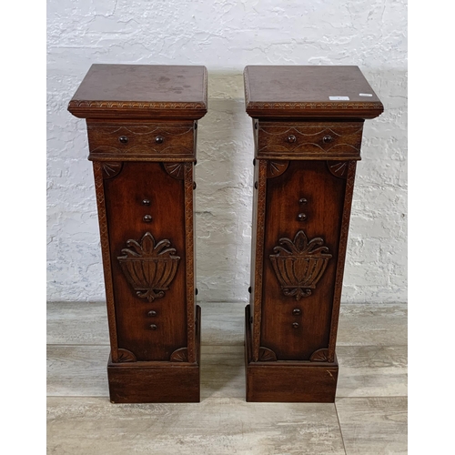 8 - A pair of carved mahogany jardinière stands/columns - approx. 83cm high x 27cm wide x 26cm deep