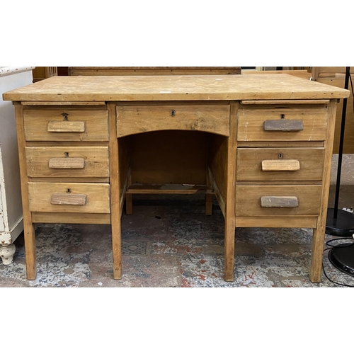 88 - A mid 20th century beech pedestal office desk - approx. 78cm high x 120cm wide x 69cm deep