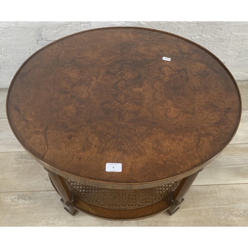 9 - An Art Deco style burr walnut and rattan oval two tier side table - approx. 56cm high x 56cm wide x ... 