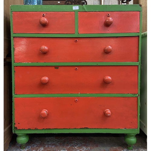 92 - A Victorian red and green painted chest of drawers - approx. 102cm high x 87cm wide x 45cm deep