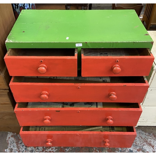 92 - A Victorian red and green painted chest of drawers - approx. 102cm high x 87cm wide x 45cm deep