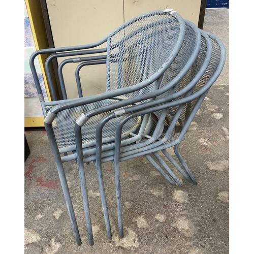 95 - Six garden chairs, four grey painted metal and two plastic rattan effect