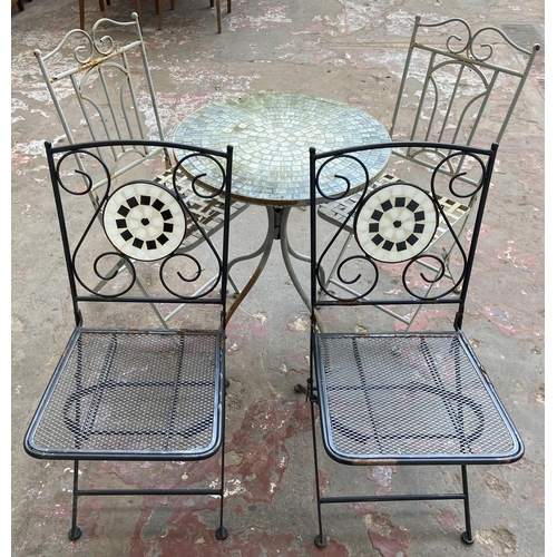 98 - Five pieces of garden furniture, two black metal and mosaic folding chairs, two grey painted metal f... 