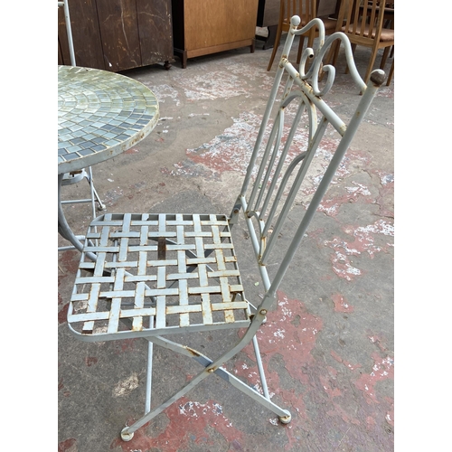 98 - Five pieces of garden furniture, two black metal and mosaic folding chairs, two grey painted metal f... 