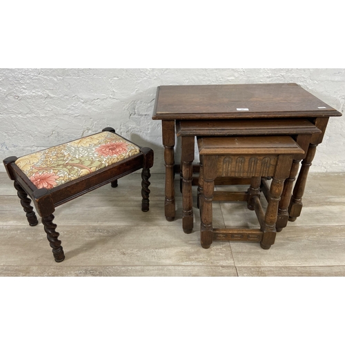 167 - Two pieces of oak furniture, one nest of tables and one barley twist stool