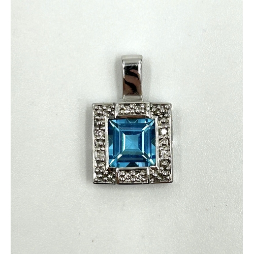 2111 - A 9ct white gold blue topaz and diamond pendant with certificate - approx. gross weight 1.9g