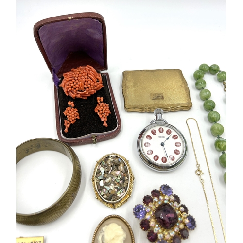 2183 - A collection of items to include cased antique coral brooch and earrings set, Stratton compact mirro... 