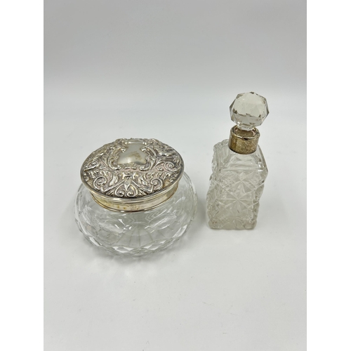 2231 - Two pieces of hallmarked Birmingham silver and cut glass, one W I Broadway & Co circular powder jar,... 