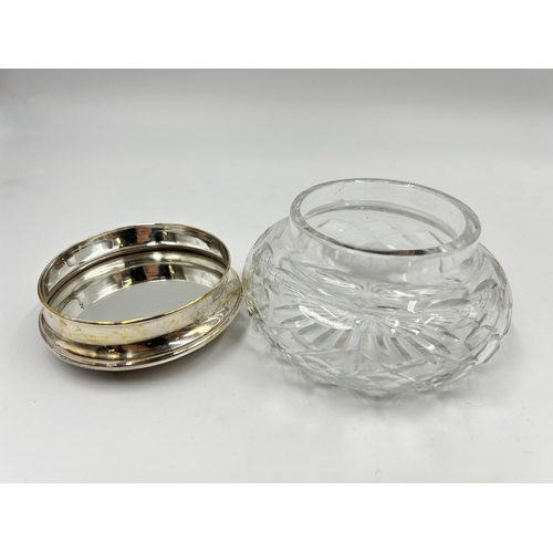 2231 - Two pieces of hallmarked Birmingham silver and cut glass, one W I Broadway & Co circular powder jar,... 