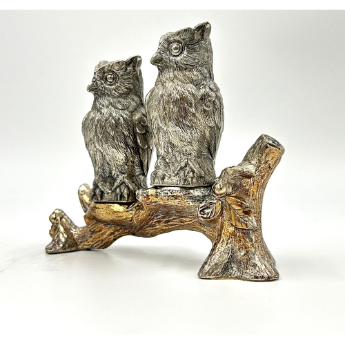 2234 - Two vintage white metal owl shaped pepper pots on tree branch stand - approx. 11cm high x 12cm wide