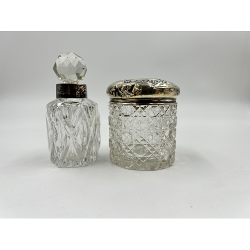 2236 - Two hallmarked Birmingham silver and cut glass vanity accessories, one perfume bottle - approx. 8cm ... 