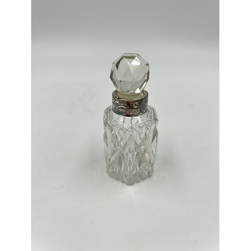 2236 - Two hallmarked Birmingham silver and cut glass vanity accessories, one perfume bottle - approx. 8cm ... 