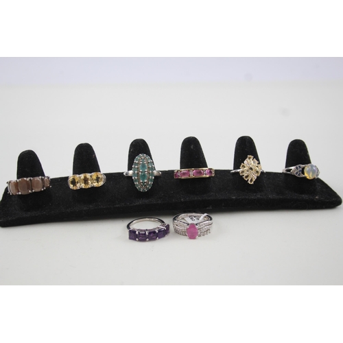 2115 - Eight .925 silver gemstone set rings to include emerald, citrine, ruby etc. - approx. gross weight 1... 