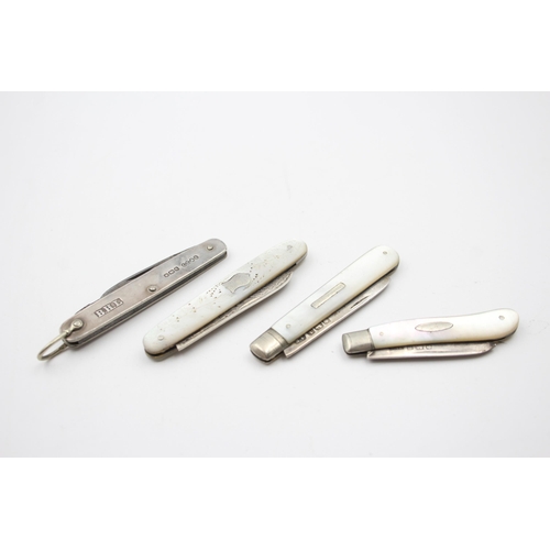 2201 - Four hallmarked sterling silver fruit knives, three mother of pearl handled and one silver handled -... 