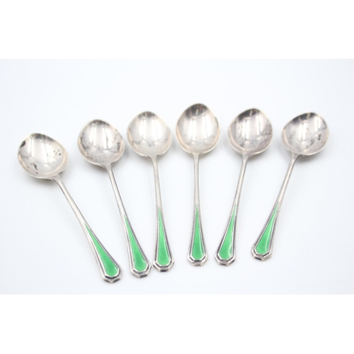 2229 - Six Haseler & Restall hallmarked Birmingham silver and green enamel spoons, dated 1947 - approx. gro... 