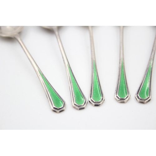 2229 - Six Haseler & Restall hallmarked Birmingham silver and green enamel spoons, dated 1947 - approx. gro... 