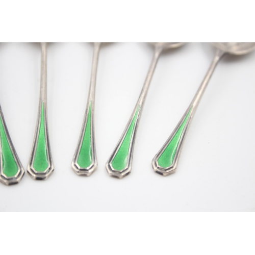 2229 - Six Haseler & Restall hallmarked Birmingham silver and green enamel spoons, dated 1947 - approx. gro... 