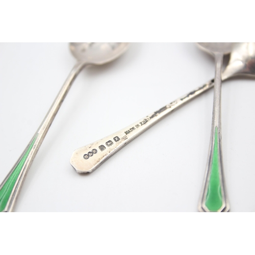 2229 - Six Haseler & Restall hallmarked Birmingham silver and green enamel spoons, dated 1947 - approx. gro... 