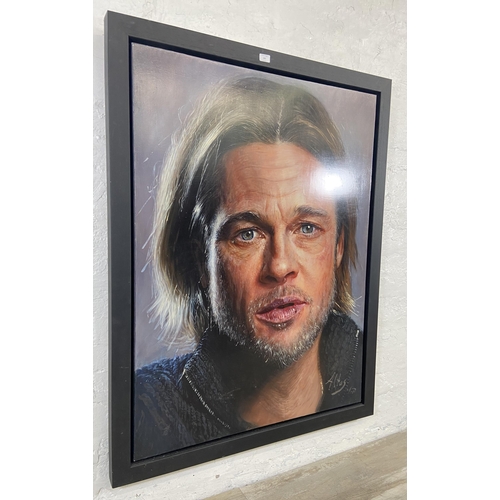 217 - A framed Altus Pajor mixed media on canvas portrait of Brad Pitt - approx. 135cm high x 105cm wide