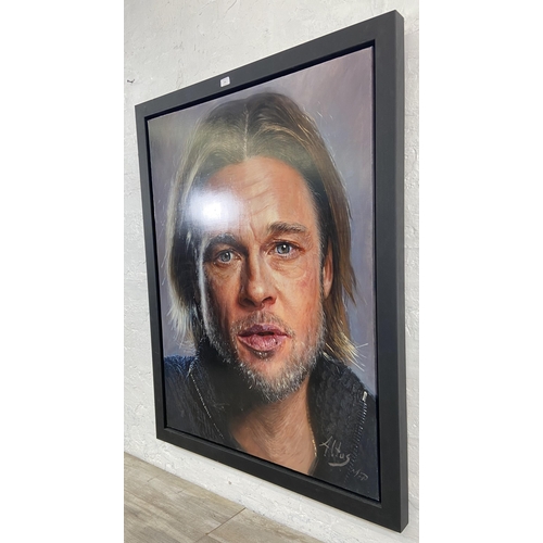 217 - A framed Altus Pajor mixed media on canvas portrait of Brad Pitt - approx. 135cm high x 105cm wide