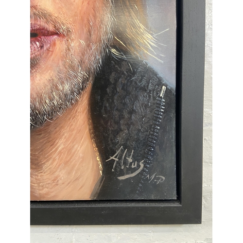 217 - A framed Altus Pajor mixed media on canvas portrait of Brad Pitt - approx. 135cm high x 105cm wide