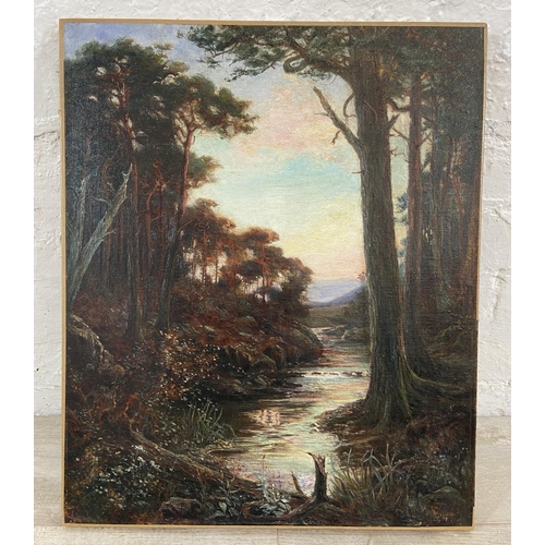 224 - Two early 20th century oil paintings, one on canvas and one on board depicting river scenes, largest... 