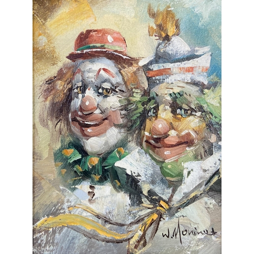 226 - Two 20th century framed William Moninet oil on canvas of clowns - approx.37cm high x 31cm wide