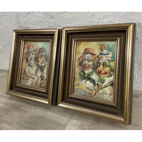 226 - Two 20th century framed William Moninet oil on canvas of clowns - approx.37cm high x 31cm wide