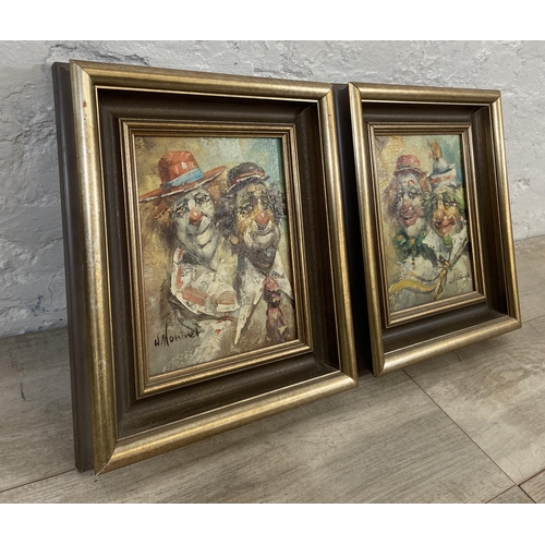 226 - Two 20th century framed William Moninet oil on canvas of clowns - approx.37cm high x 31cm wide