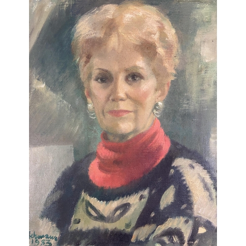 228 - A late 20th century framed Olga Lahmann self portrait oil on canvas - approx. 54cm high x 49cm wide