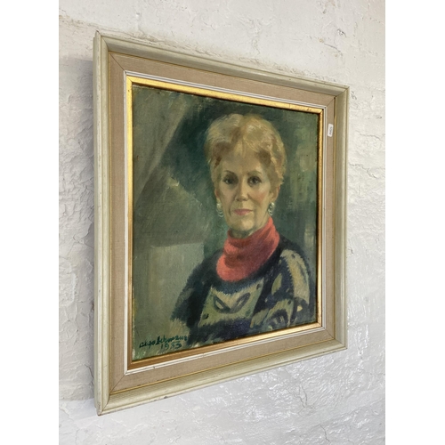 228 - A late 20th century framed Olga Lahmann self portrait oil on canvas - approx. 54cm high x 49cm wide