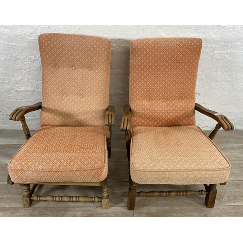 83 - Two mid 20th century beech and fabric upholstered occasional chairs, one rocking chair and one armch... 