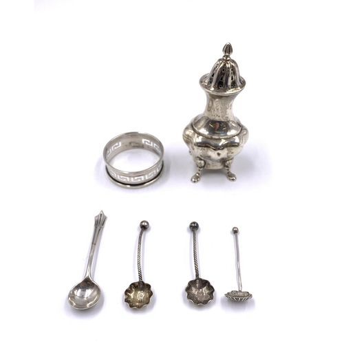 2248A - Five pieces of hallmarked sterling silver tableware, three condiment spoons, one pepper shaker and o... 